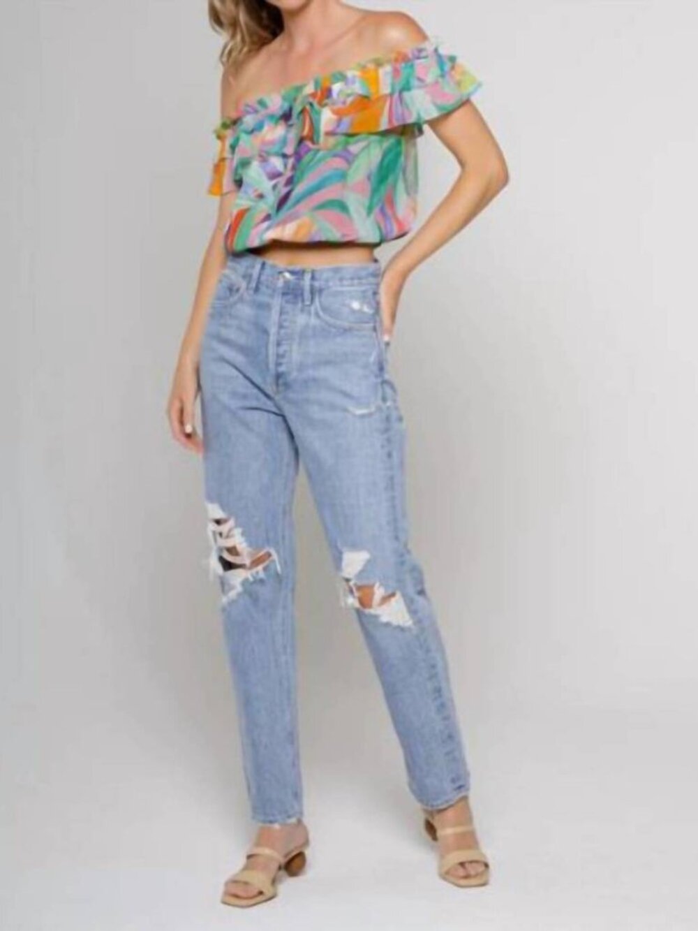 Lavender Brown Ruffled Off The Shoulder Top